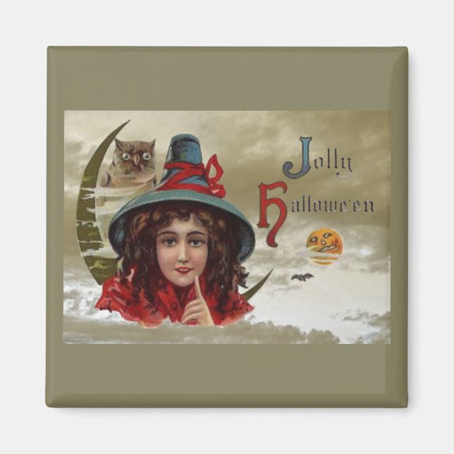 Vintag Jolly Halloween Witch Square Magnet (Vorne)