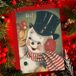 Vintag Jolly Retro Snowman Custom Christmas Karte<br><div class="desc">Feiern Sie die Saison mit dieser Vintagen Weihnachtskarte des Schneemanns, die einen fröhlichen Schneemann aus der Mitte des Jahrhunderts mit schwarzem Hut und einen rot-weiß gestreiften Schal mit einem niedlichen, kleinen roten Vogel auf seiner aufgezogenen Hand beherbergt. Ein perfekter Rückschlag in die Zeit, als Weihnachten leicht und voller Spannung war....</div>