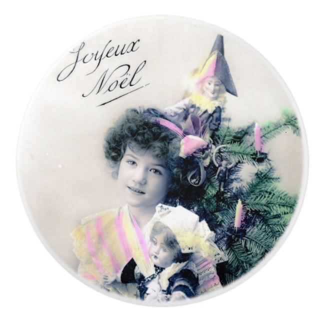Vintag Joyeux Noël mit Girl and Doll Keramikknauf (Vorderseite)