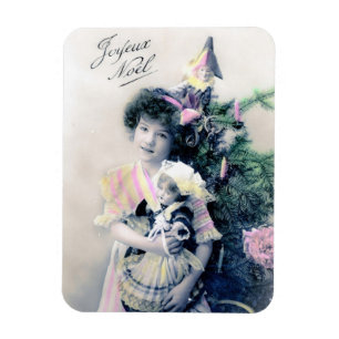 Vintag Joyeux Noël mit Girl and Doll Magnet