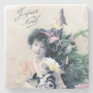 Vintag Joyeux Noël mit Girl and Doll Steinuntersetzer
