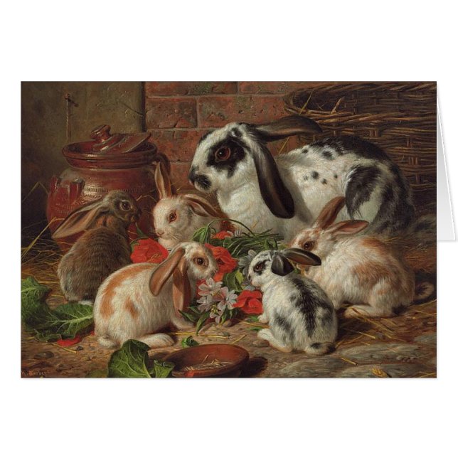 Vintag - Kaninchen-Familie, die Blumen isst, (Vorderseite (Horizontal))
