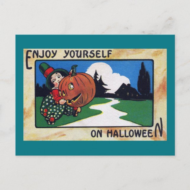 Vintag Kid Hefting Halloween Jack O'Lantern Postkarte (Vorderseite)