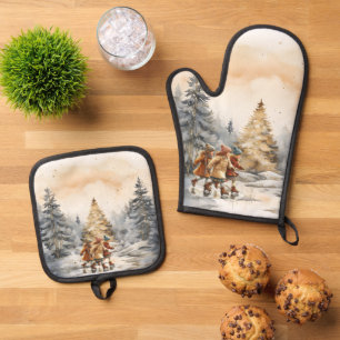Vintag Kids Skaten auf dem Teich Weihnachten Ofenhandschuh & Topflappen-Set