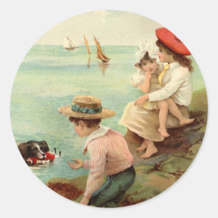 Vintag - Kinder am Strand Runder Aufkleber