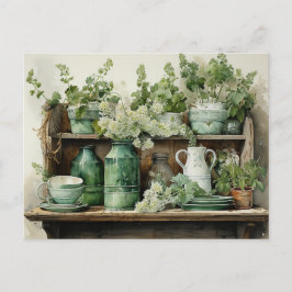 Vintag Kitchen Shelf Green Jars Clay Pots Postkarte