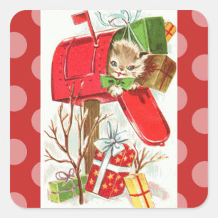 Vintag Kitten in der Mailbox Weihnachtsaufkleber Quadratischer Aufkleber