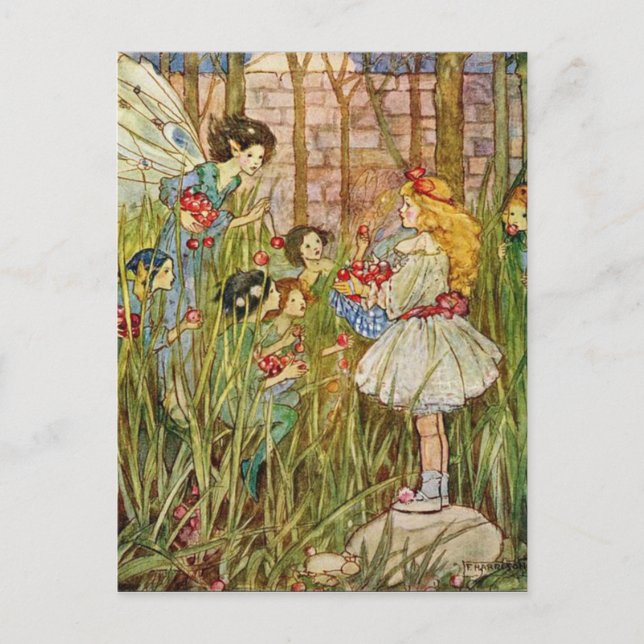 Vintag - Kleine Mädchen trifft sich mit Fairies, Postkarte (Vorderseite)