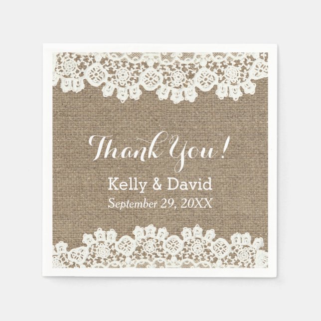 Vintag Lace & Burlap Rustic Wedding Vielen Dank Serviette (Vorderseite)