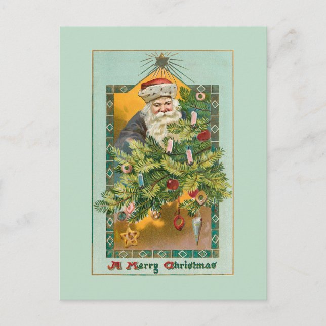 Vintag lächelnder Weihnachtsmann, Weihnachtsbaum u Postkarte (Vorderseite)