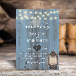 Vintag Lantern Dusty Blue Barn Wood Wedding Einladung