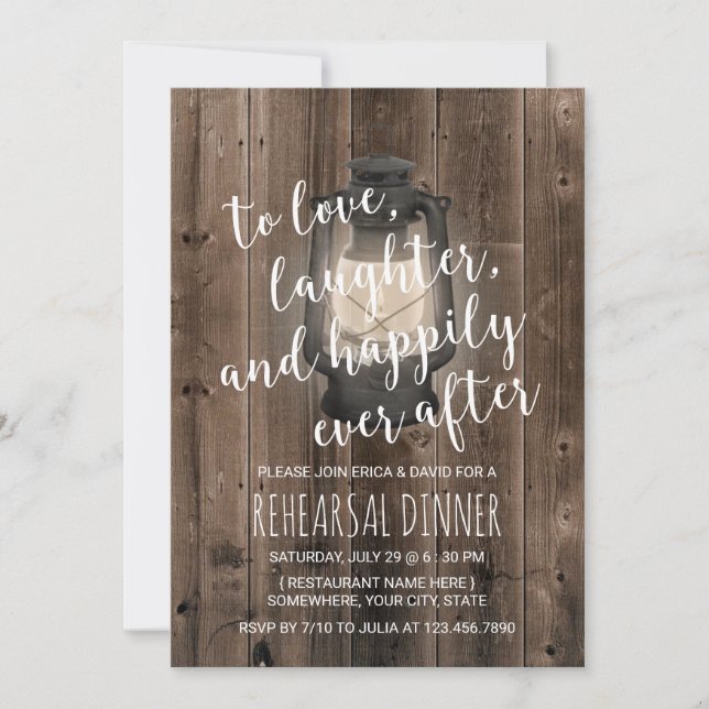 Vintag Lantern Rustikales Barnholz Probe Abendesse Einladung (Vorderseite)