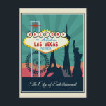 Vintag Las Vegas Nevada Retro Reisen Postkarte<br><div class="desc">Jeder würde Liebe,  diese Vintage Reise Postkarte mit einer Retro-Abbildung des Willkommenszeichens in Las Vegas und der Skyline und Sehenswürdigkeiten von Las Vegas,  Nevada zu erhalten!</div>