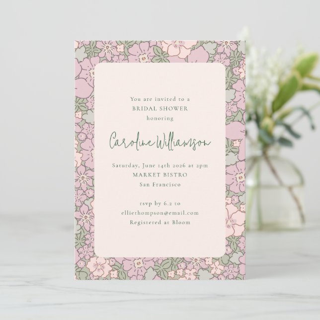 Vintag Lavender Lilac Green Blumenbeete Brautparty Einladung (Stehend Vorderseite)