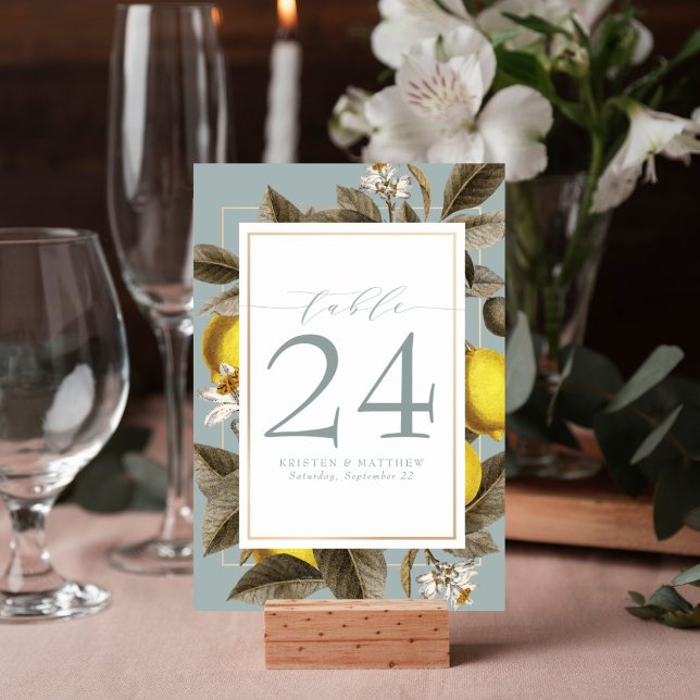 Vintag Lemon Botanical Wedding Dusty Blue Tischnummer (Vintage citrus lemon botanical design table number card is perfect for your wedding reception.)