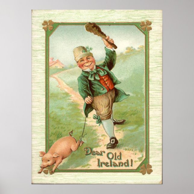 Vintag Leprechaun Pig Shillelagh St Patrick's Day Poster (Vorne)