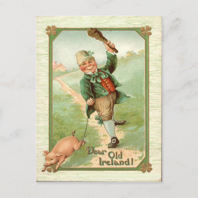 Vintag Leprechaun Pig Shillelagh St Patrick's Day Postkarte (Vorderseite)