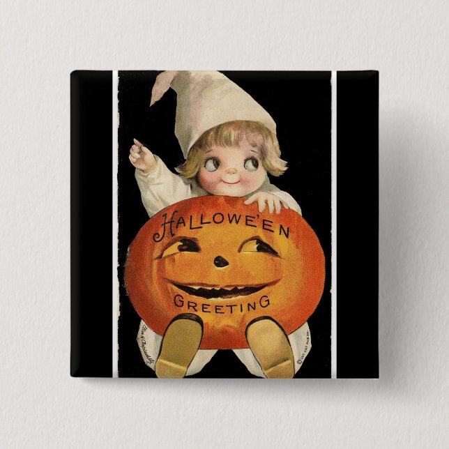 Vintag Little Girl Big Halloween Pumpkin Square Button (Vorderseite)