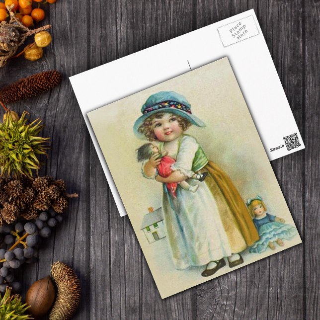 Vintag Little Girl Chubby Cheeks Hat Dolls Postkarte (Victorian girl chubby cheeks curls with dolls on tan postcard.)