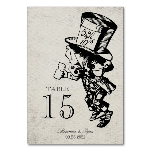 Vintag Mad Hatter Alice im Wunderland Hochzeit Tischnummer (Vorderseite)