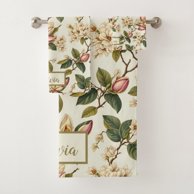 Vintag Magnolia Blume Blossom Verlassen Muster Badhandtuch Set (Insitu)