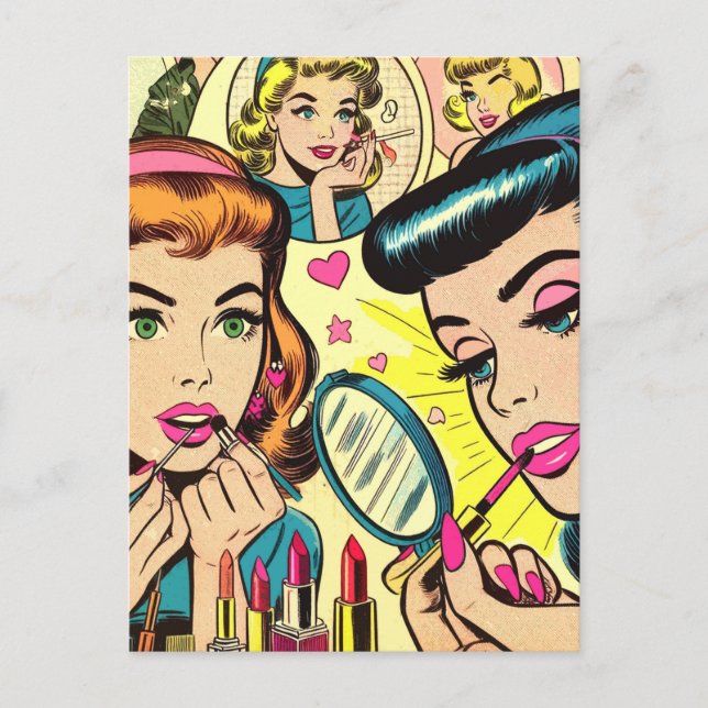 Vintag Makeup Girls Comic Postkarte (Vorderseite)