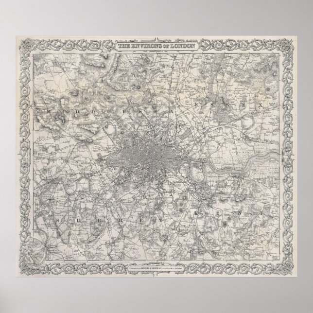 Vintag Map of London England (1855) Poster (Vorne)