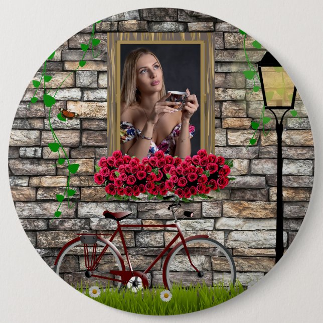 Vintag Märchenhof Fahrrad Rose Girly Foto Rahmen Button (Vorderseite)