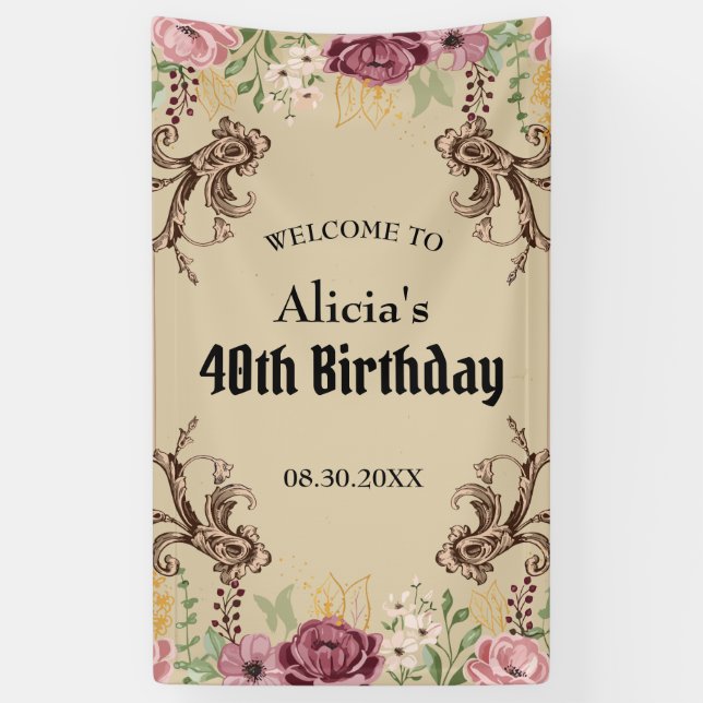Vintag Maroon Gold Blume Parchment Geburtstag Banner (Vertikal)