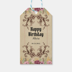 Vintag Maroon Gold Blume Parchment Geburtstag Geschenkanhänger