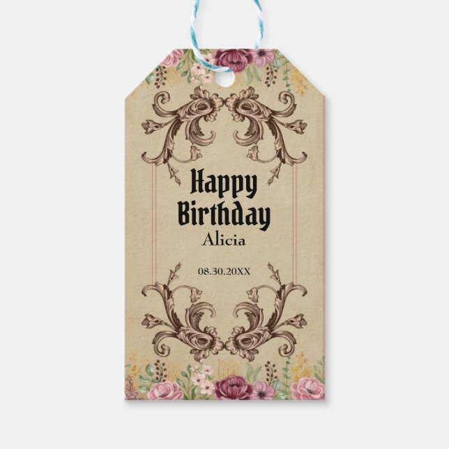 Vintag Maroon Gold Blume Parchment Geburtstag Geschenkanhänger (Vorderseite)