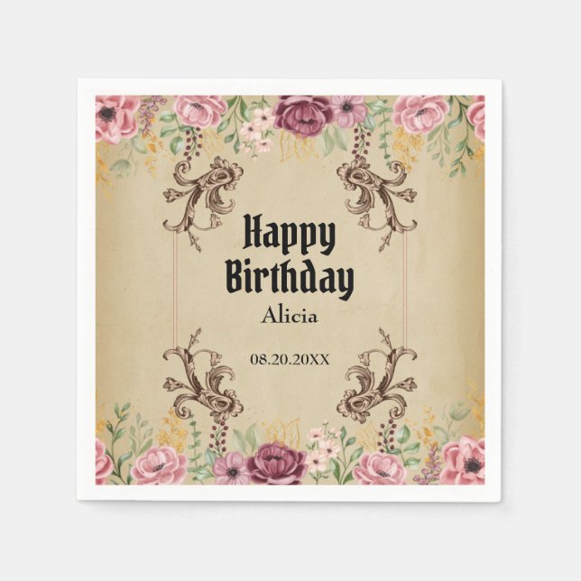 Vintag Maroon Gold Blume Parchment Geburtstag Serviette (Vorderseite)