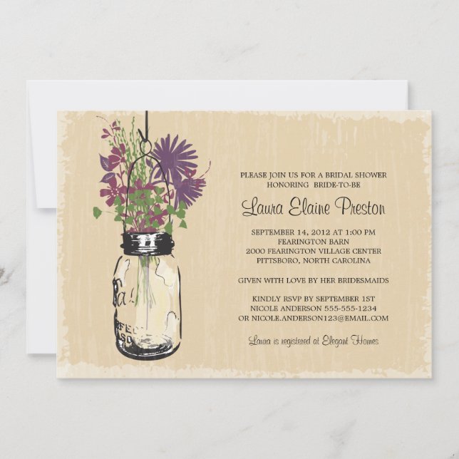 Vintag Mason Jar und Wildblumen Brautparty Einladung (Vorderseite)