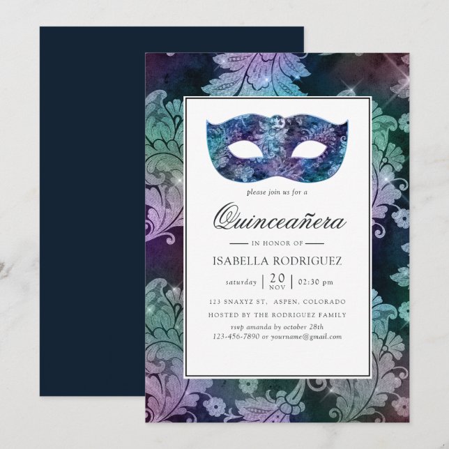 Vintag Masquerade Damask Quinceañera Einladung (Vorne/Hinten)