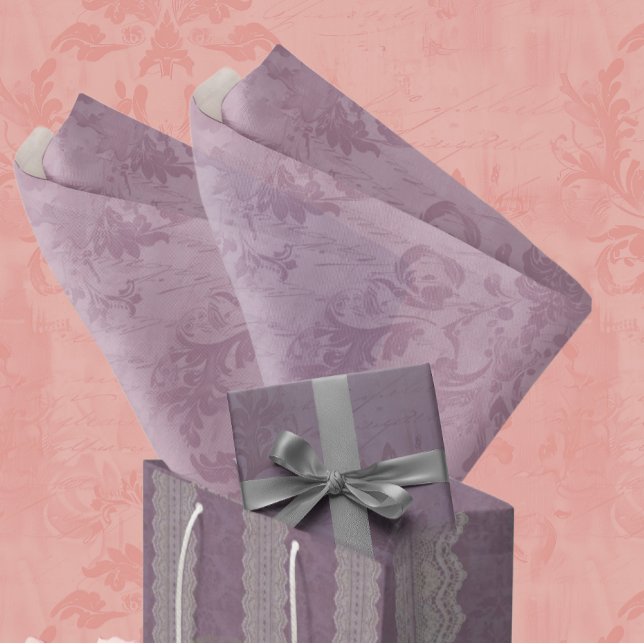 Vintag Mauve Antique Damask Decoupage Seidenpapier (Coordinating tissue paper and gift bag.)