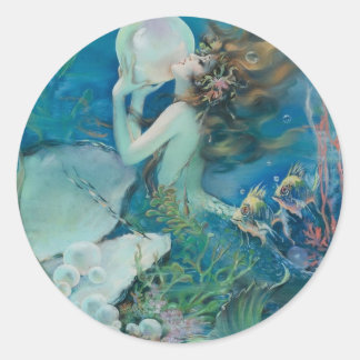 Vintag Mermaid Holding Pearl Runder Aufkleber