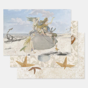 Vintag Mermaid Seashell Beach Starfish Decoupage  Geschenkpapier Set