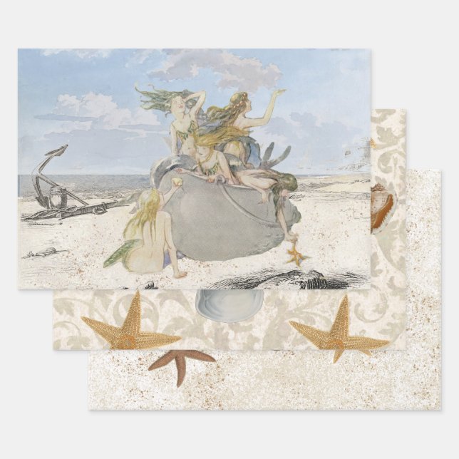 Vintag Mermaid Seashell Beach Starfish Decoupage  Geschenkpapier Set (Set)