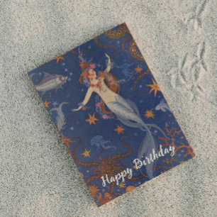 Vintag Mermaid Undersea Blue Whimsical Geburtstag Postkarte