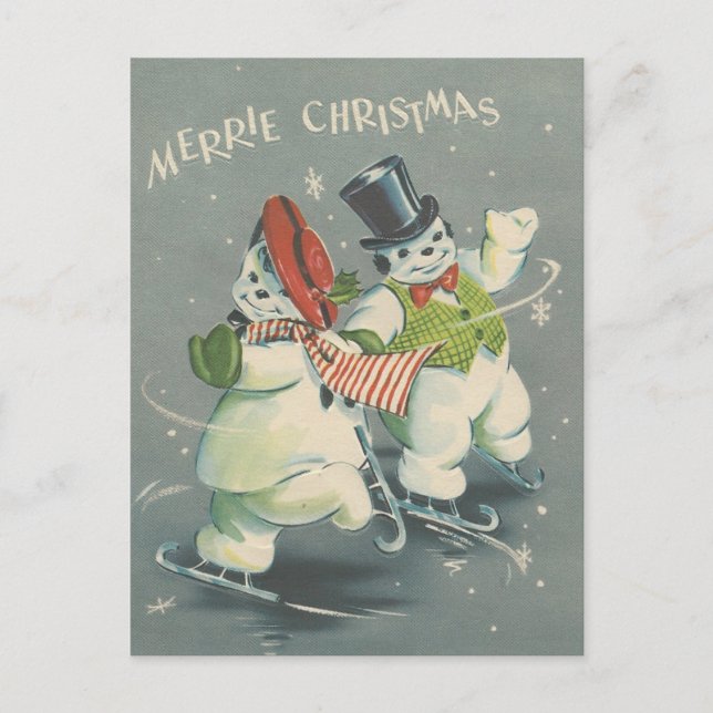 Vintag Merrie Christmas Snowman Couple Feiertagspostkarte (Vorderseite)