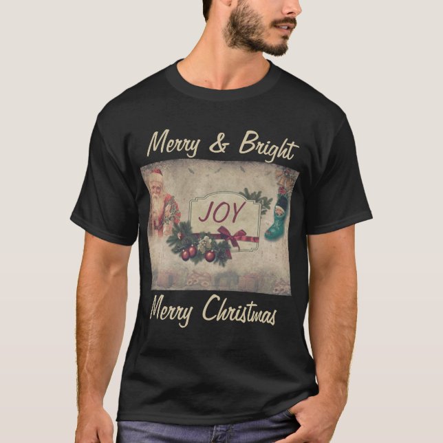 Vintag Merry & Bright Frohe Weihnachten Schwarz T-Shirt (Vorderseite)