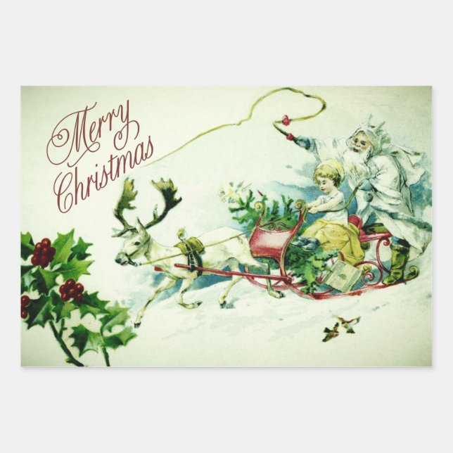 Vintag Merry Christmas Santa Sleigh Reindeer  Geschenkpapier Set (Vorderseite)