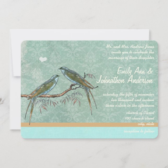 Vintag Mint Green Love Bird Damask Einladung (Vorderseite)