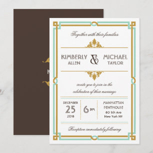 Vintag Moderne Art Deco Mint & Gold Hochzeit Einladung