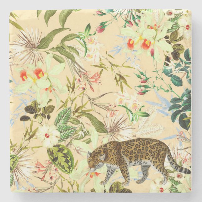 Vintag Moderne Blume Tiger Dschungel Steinuntersetzer (Vorderseite)