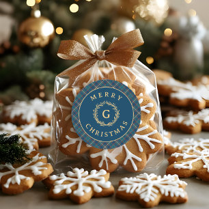 Vintag Monogram Wreath Blue Kariert Runder Aufkleber