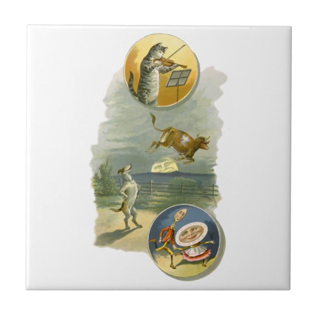 Vintag Mother Goose Kinderzimmer Rhyme Hey Diddle Fliese (Vorderseite)