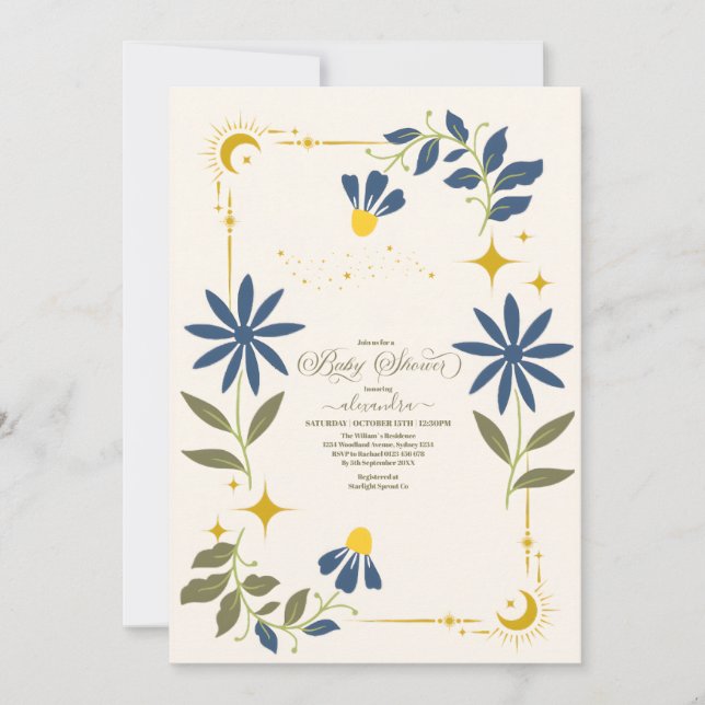 Vintag Navy Blue Celestial Botanical Baby Shower Einladung (Vorderseite)
