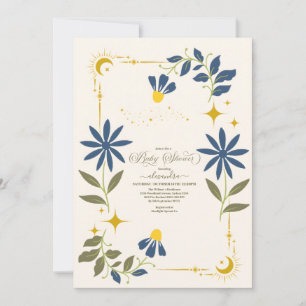 Vintag Navy Blue Celestial Botanical Baby Shower Einladung