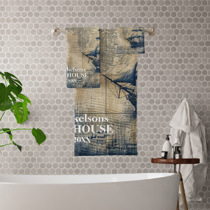 Vintag Navy Blue Custom Nautic Beach House Badhandtuch Set